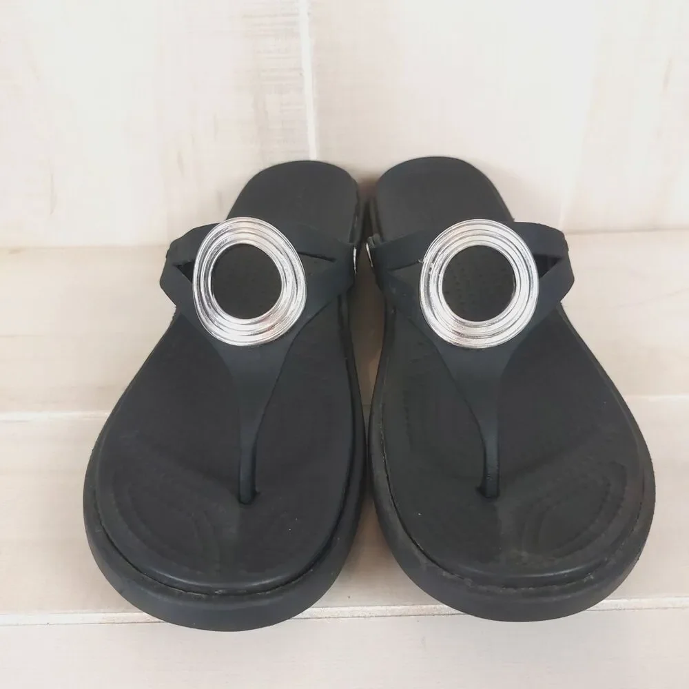 Crocs Sanrah Beveled Circle Sandals Women's Size 10 Black Flip Flops